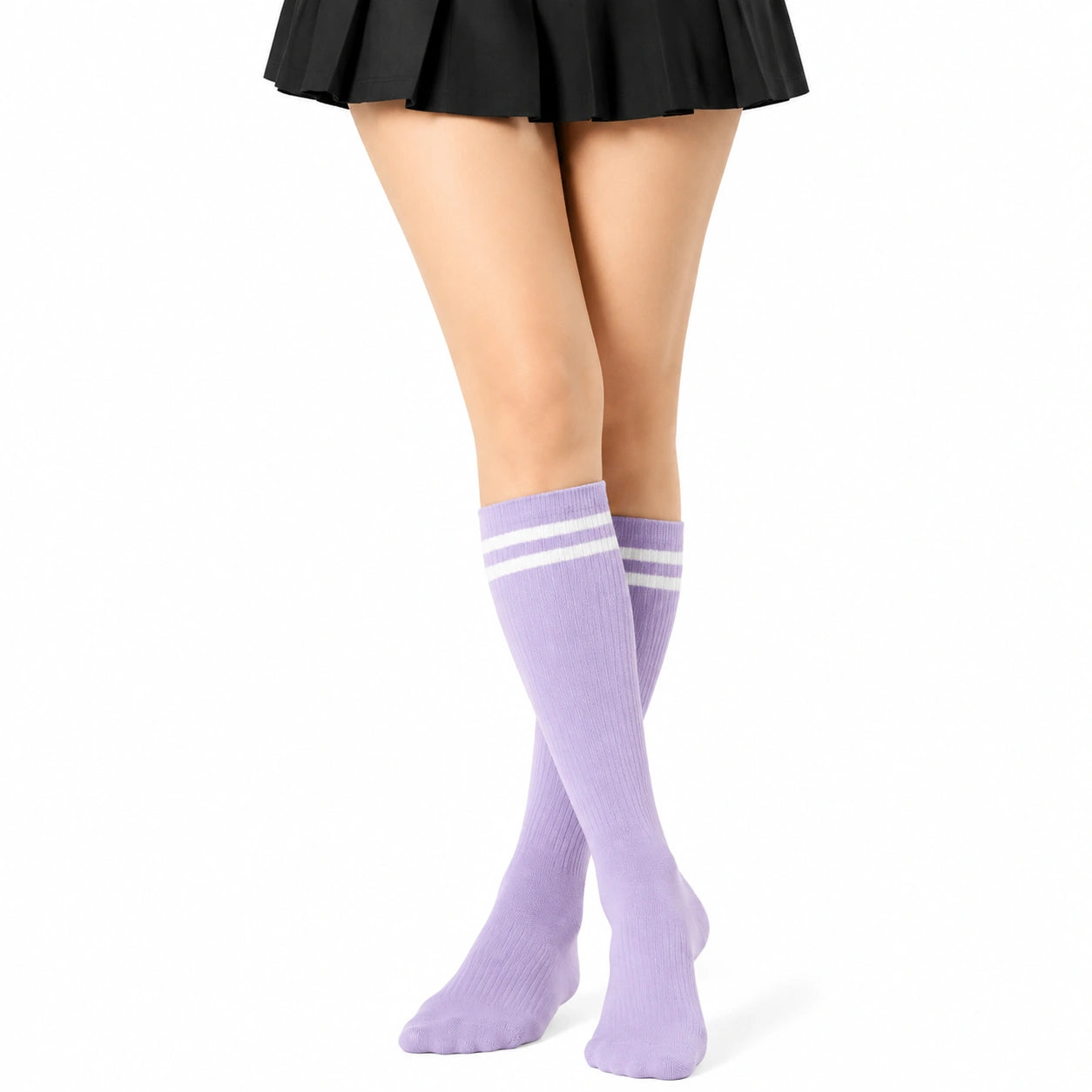 Chaussettes hautes 35-38 en maille lilas à rayures blanches style sportif