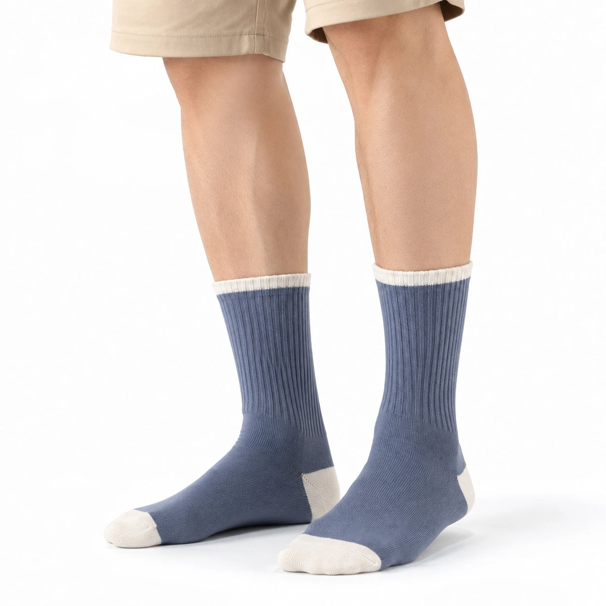 Chaussettes mi-mollet 39-42 en maille côtelée bleu ardoise et écru style sportif