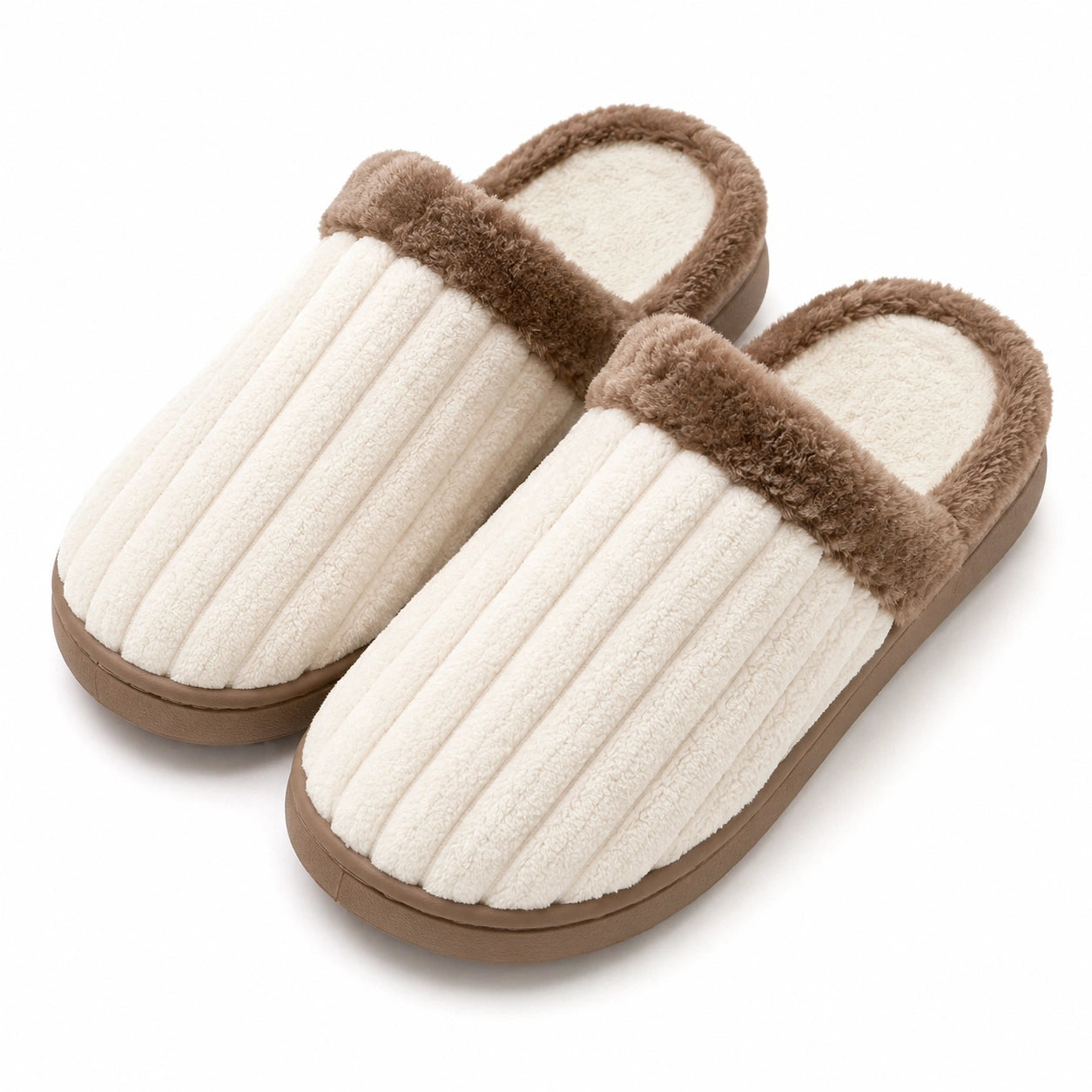 Chaussons d'intérieur 40/41 en textile duveteux crème et marron à semelle plate