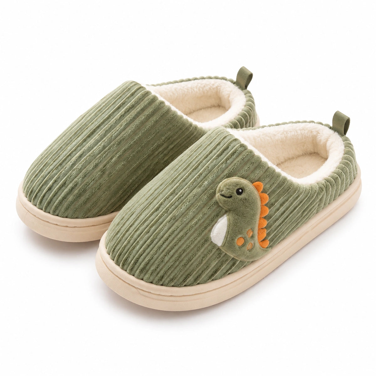 Chaussons 42/43 en textile côtelé vert avec doublure douce motif dinosaure