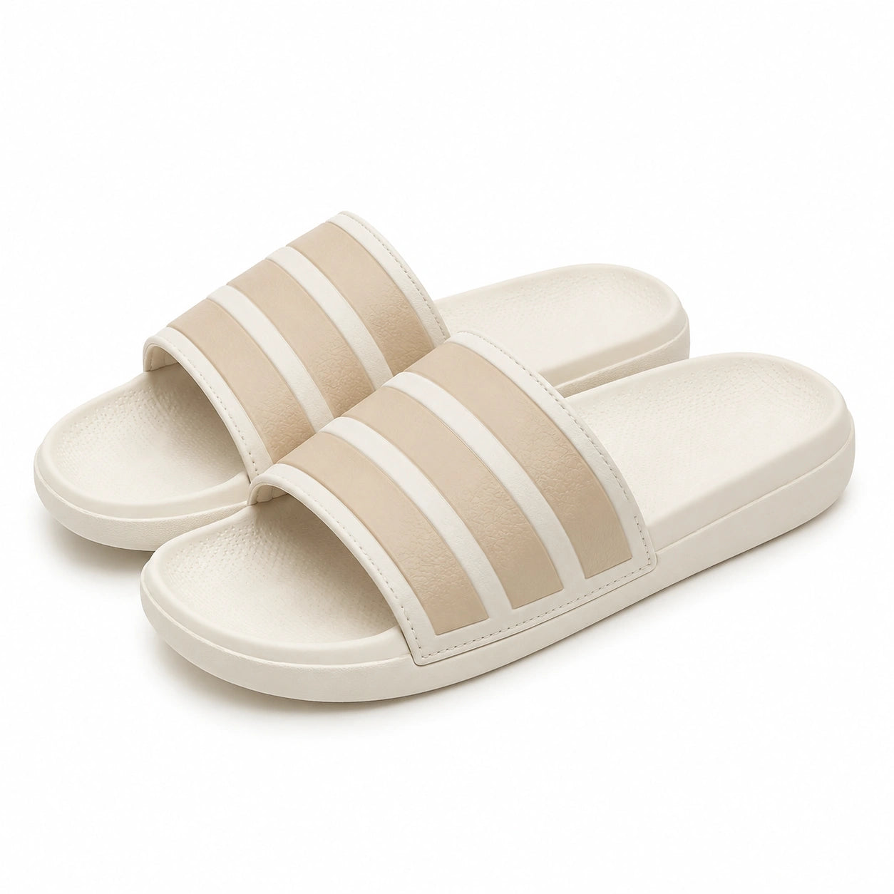 Claquettes 38/39 beige et blanc en matière synthétique à brides rayées