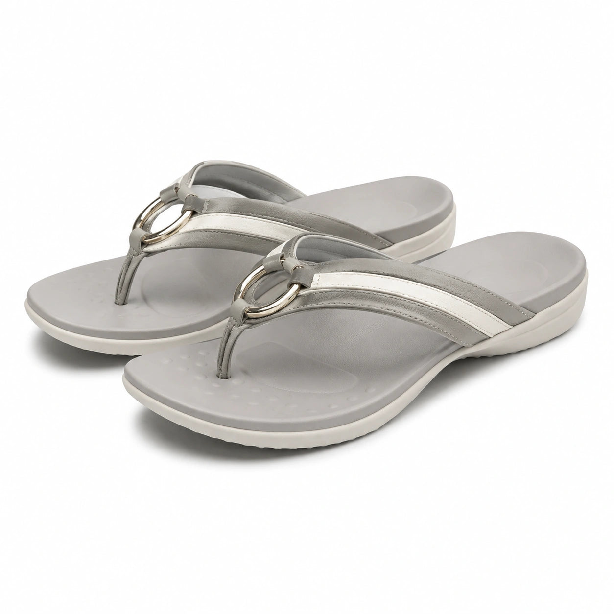 Tongs taille 40/41 gris blanc en matière synthétique à anneau métallique confort estival